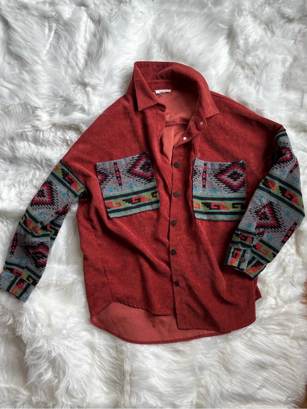 LA MIEL Rust Red Button-Down Shirt with Multicolor Aztec Sleeves